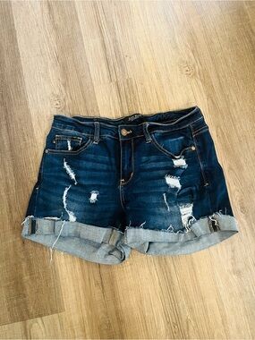 Judy Blue Dark Wash Distressed Roll-Cuff Denim Shorts - Women's large